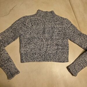 Express Cropped Fuzzy Knit Mock Neck Sweater - Gray/white